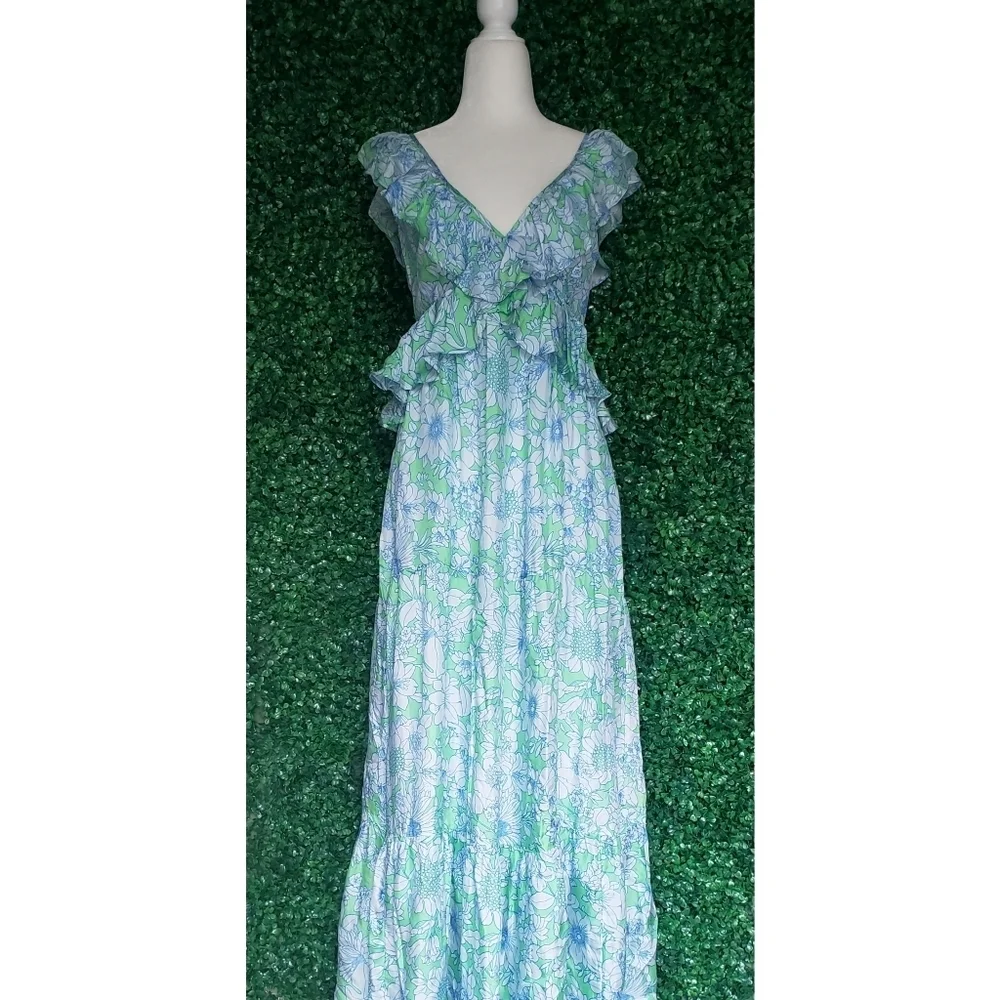J.Crew Collection ruffle-trim cutout maxi dress in lime floral - Picture 9 of 12